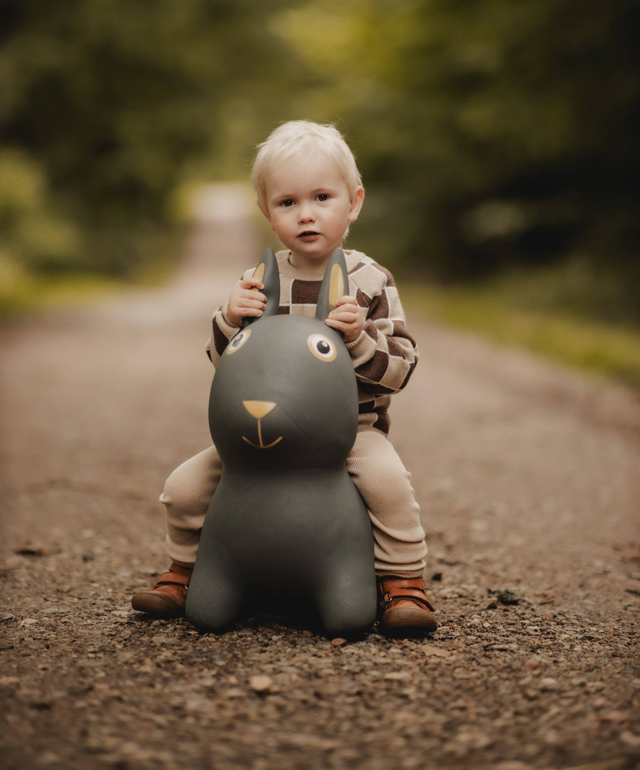 Child bouncing on a rabbit hopper toy