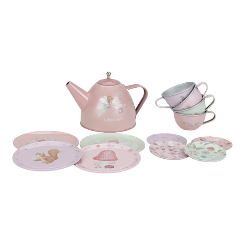 Pink tin tea set with fairy garden design, 14 pieces