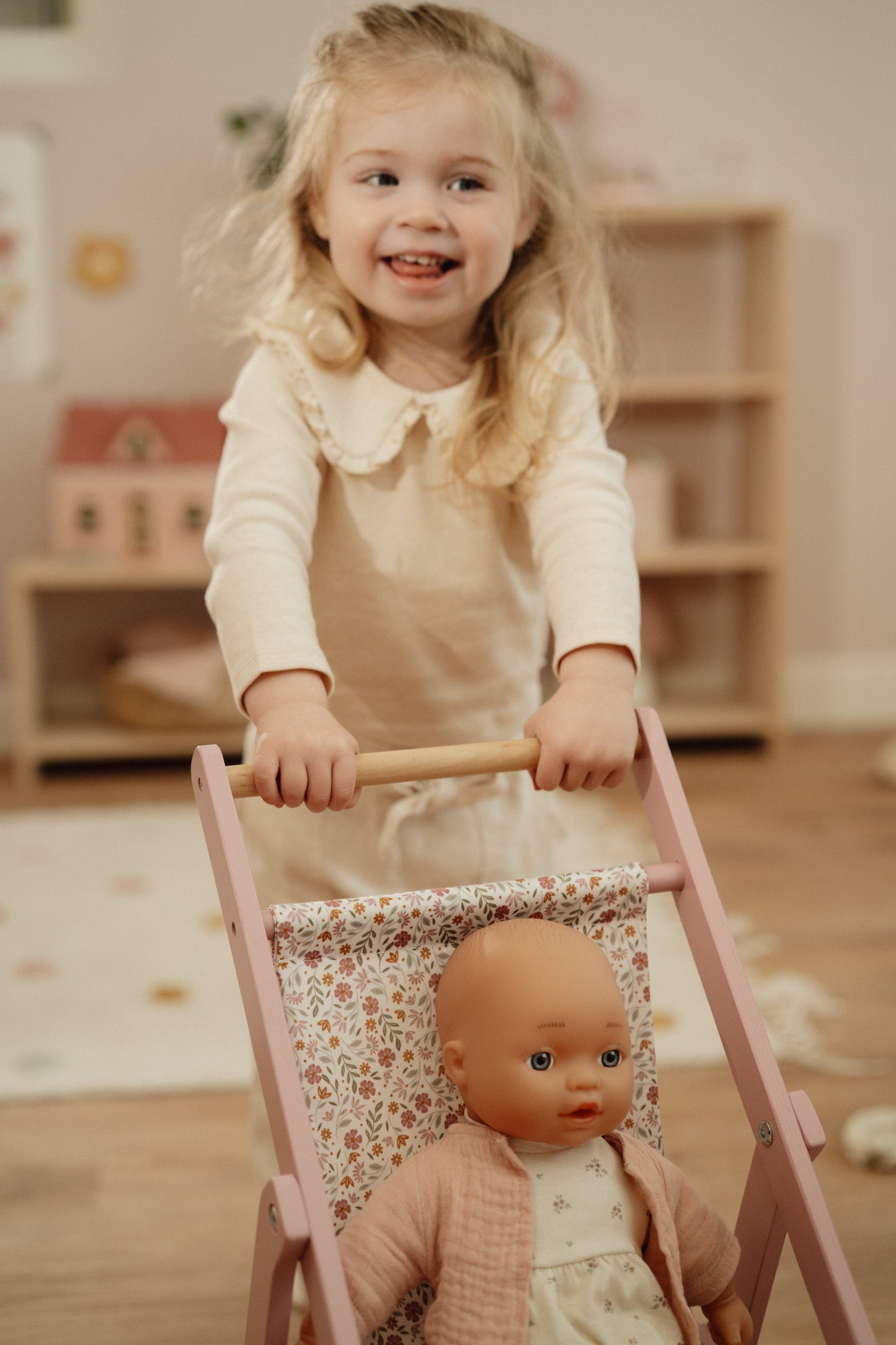 Wooden Doll Stroller - Flowers & Butterflies Design