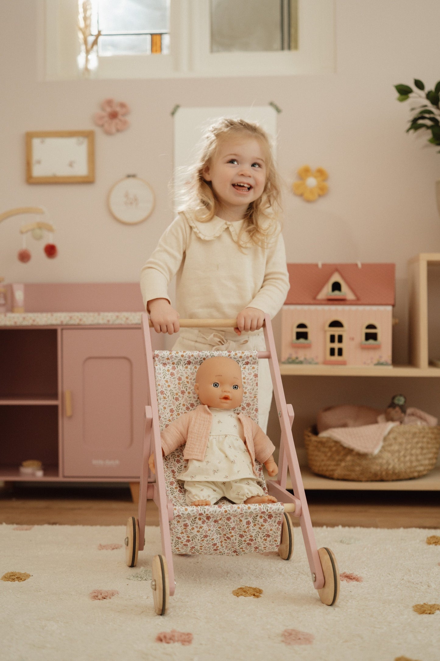 Wooden Doll Stroller - Flowers & Butterflies Design